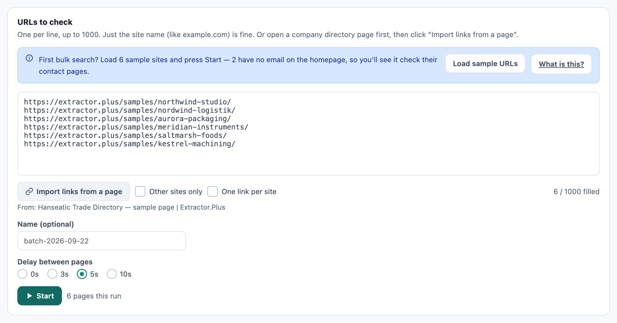 Bulk search with six sample company URLs in URLs to check, Other sites only and One link per site unticked, From: Hanseatic Trade Directory, a 5s delay selected and a Start button showing 6 pages this run