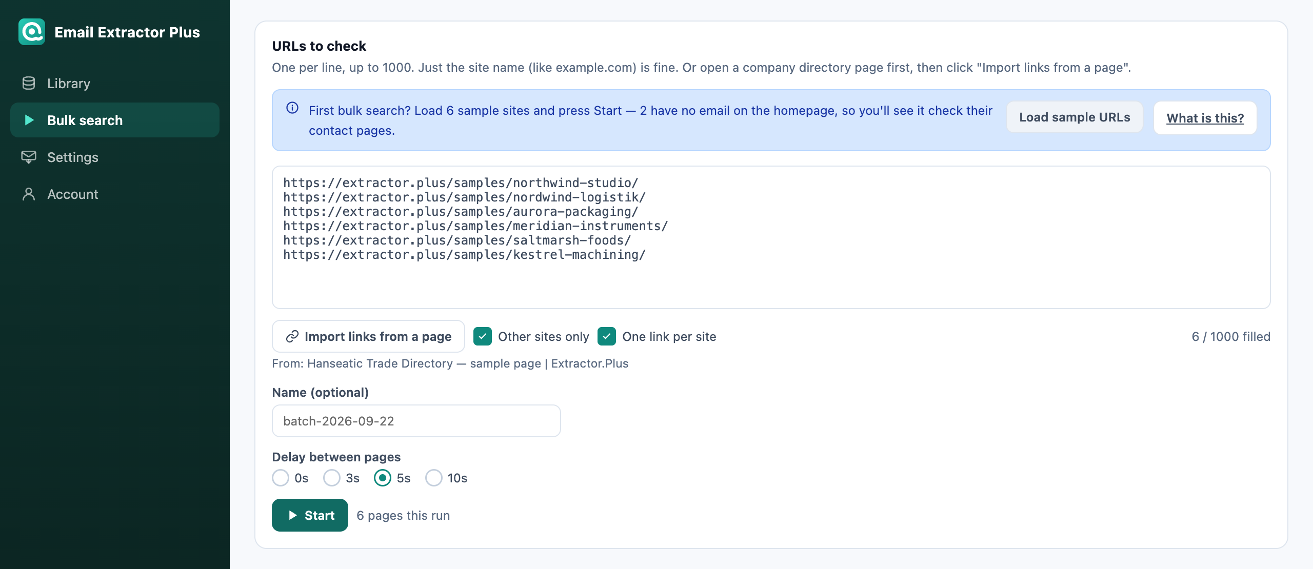 The Bulk search page with six sample company sites queued, an Import links from a page button and a delay setting