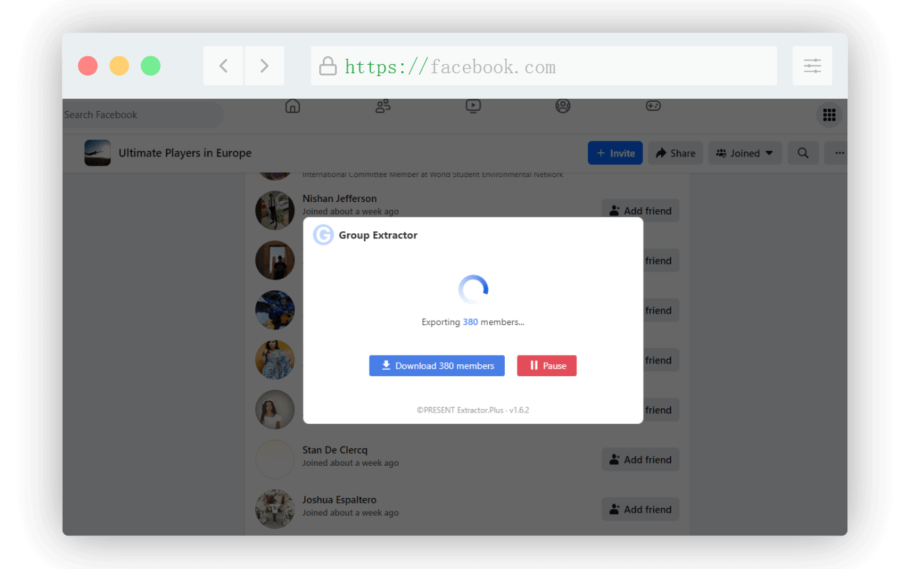 Facebook Group Extractor Extension Screenshot - Member Extraction Interface in Action